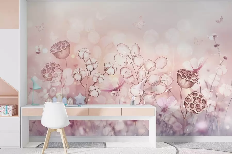 Фототапет Мечтателна цветна градина, пеперуда, памучни цветя, лотоси, розови цветове w02516