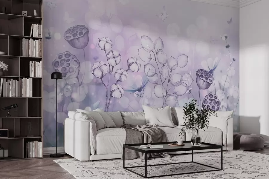 Фототапет Мечтателна цветна градина, пеперуда, памучни цветя, лотоси, лилави цветове w02516v1