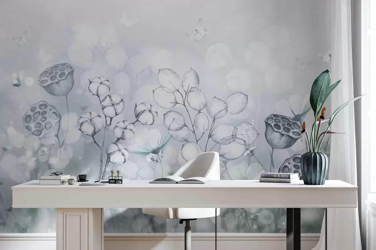 Фототапет Мечтателна цветна градина, пеперуда, памучни цветя, лотоси, сиви цветове w02516v2