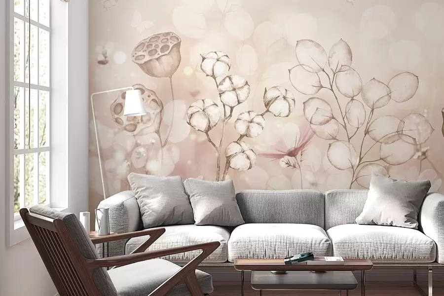 Фототапет Мечтателна цветна градина, пеперуда, памучни цветя, лотоси, бежови цветове w02516v3