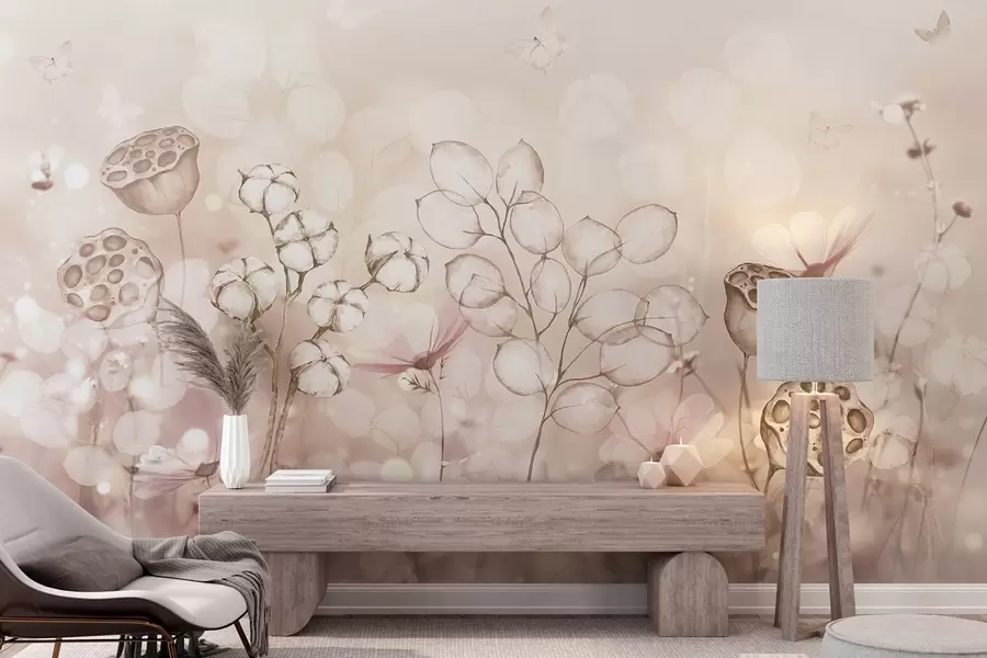 Фототапет Мечтателна цветна градина, пеперуда, памучни цветя, лотоси, бежови цветове w02516v3