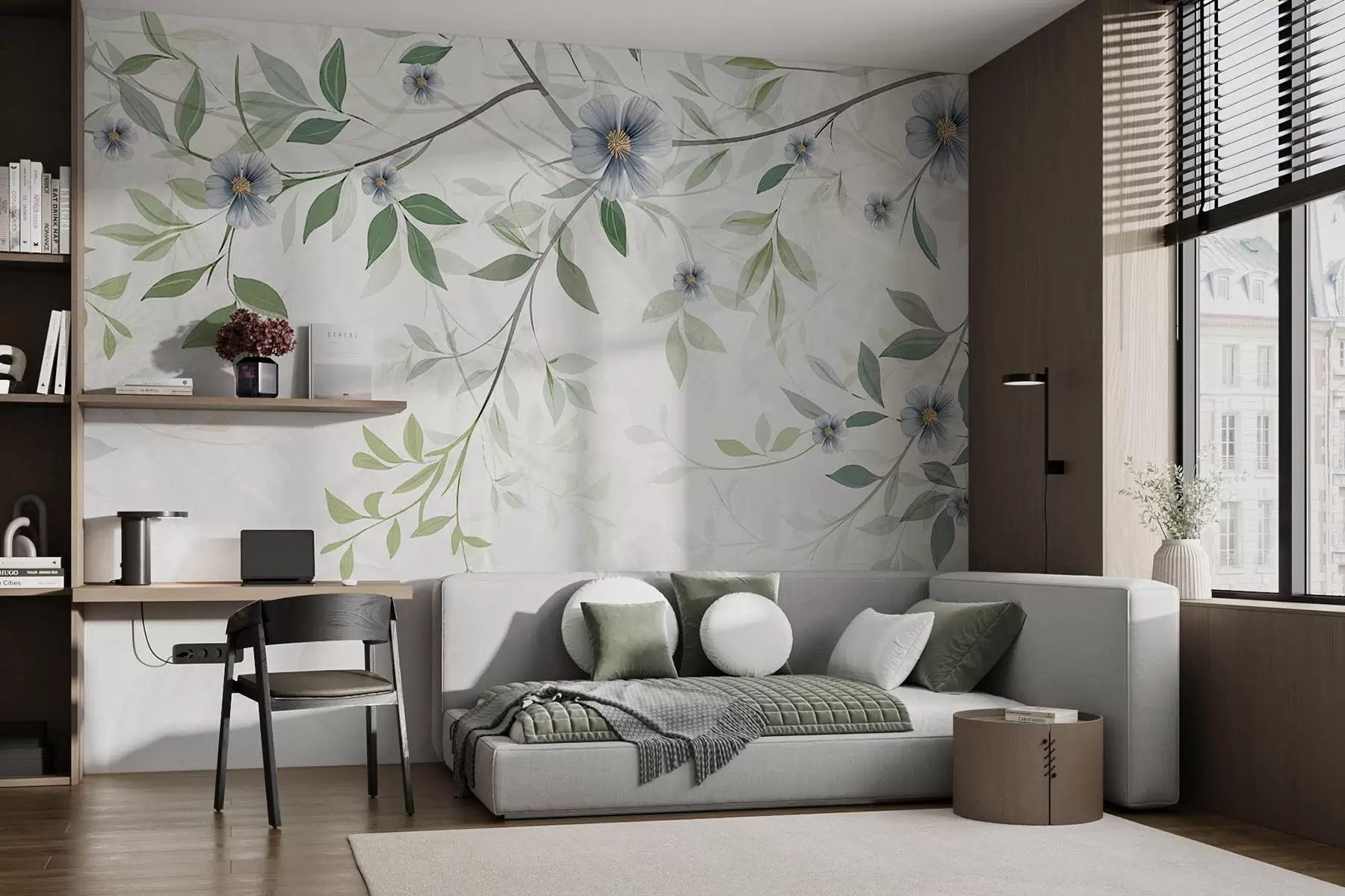 Фототапет Клони със зелени листа и сини цветове w00316