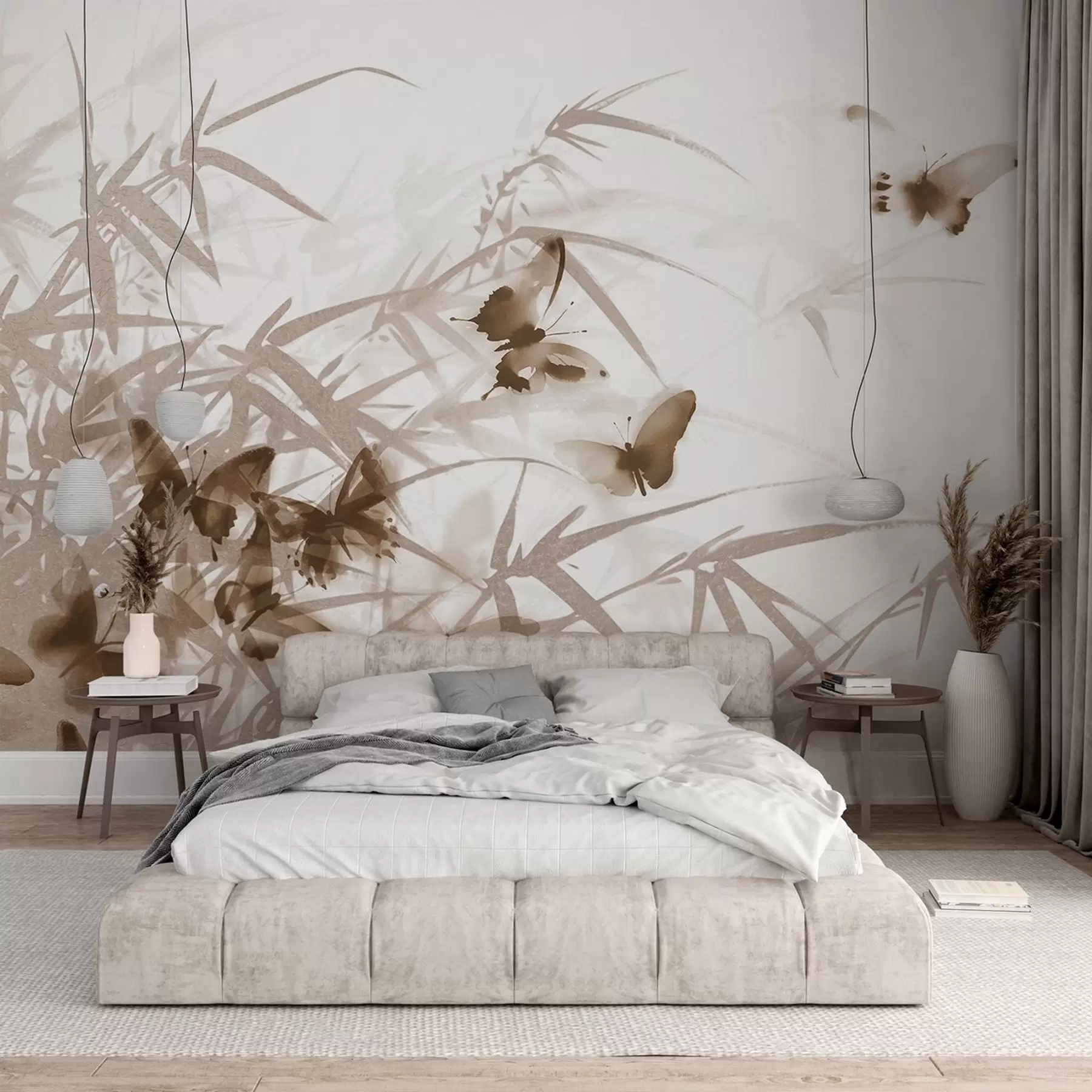 Фототапет Текстурни бамбукови листа и стъбла с летящи кафяви пеперуди с прозрачни крила w08524v1