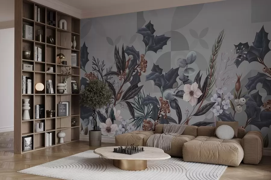 Фототапет Флорална композиция с големи тъмни листа, цветя и плодове върху приглушен сив геометричен абстрактен фон  w08525