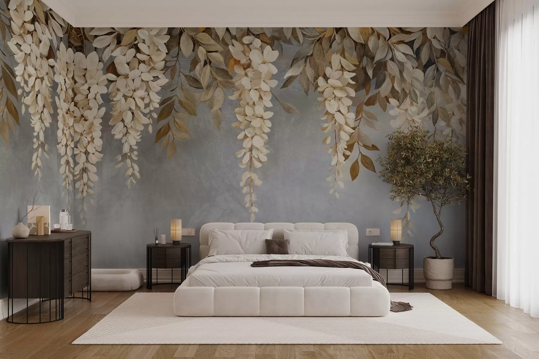 Фототапет Деликатни бели и светлобежови цветя на глициния с листа, които се спускат на каскада на мек сив фон w08531