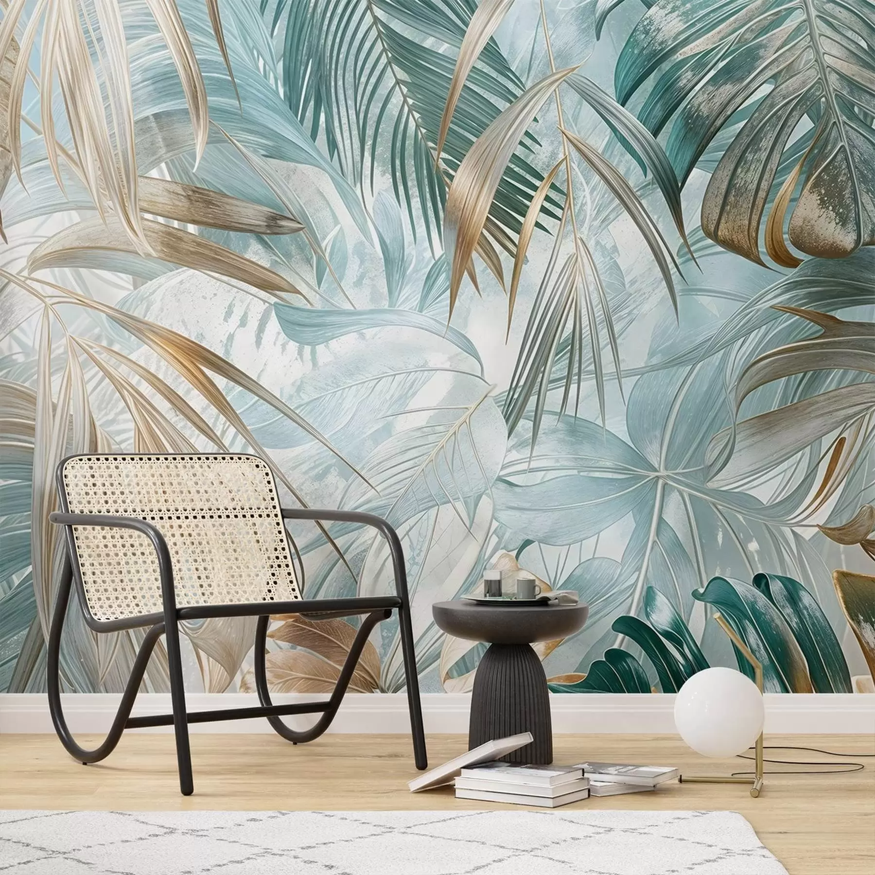 Фототапет Тропически абстрактен флорален принт с големи палмови листа в нюанси на синьо и бежово създава пищна атмосфера w08532