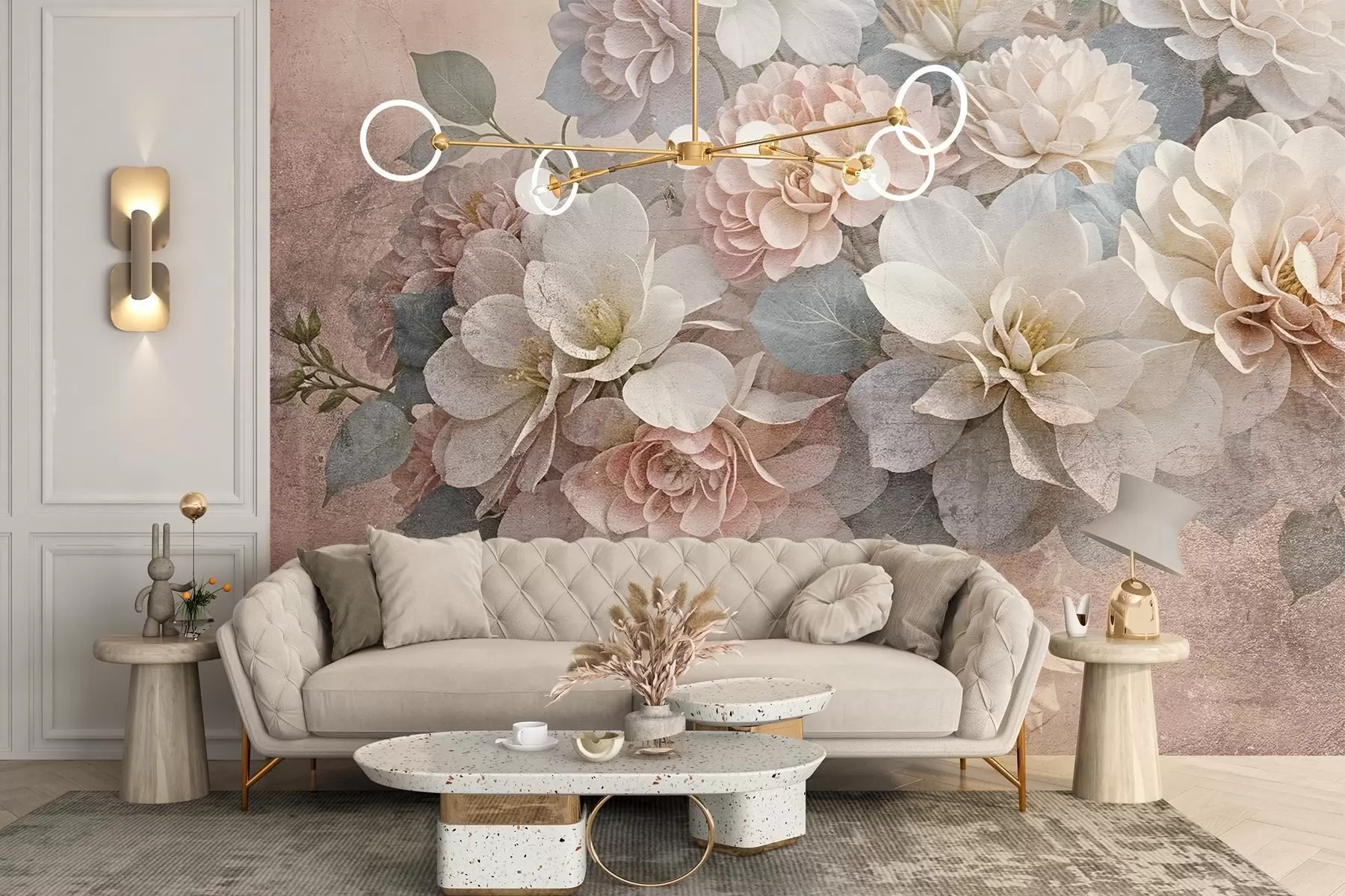 Фототапет Мека текстурна щампа с прасковени и бели цветя божур със зелени листа на бежов фон w08534