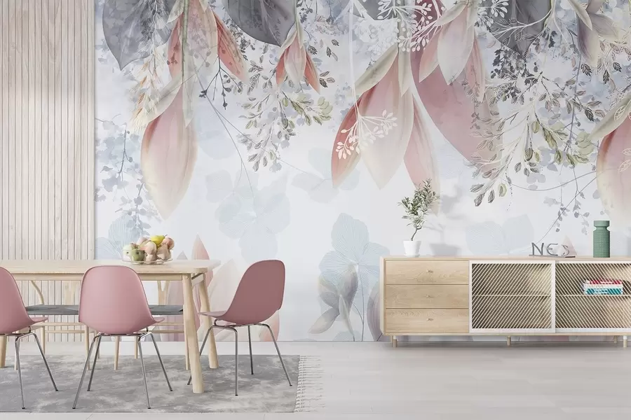 Фототапет Мека флорална щампа в пастелни цветове с нежни венчелистчета и листа в розови, бели и сиви нюанси w08538