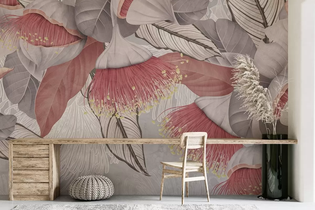 Фототапет Ботаническа илюстрация на големи цветове евкалипт с дълги тичинки на сив и бял фон w08539