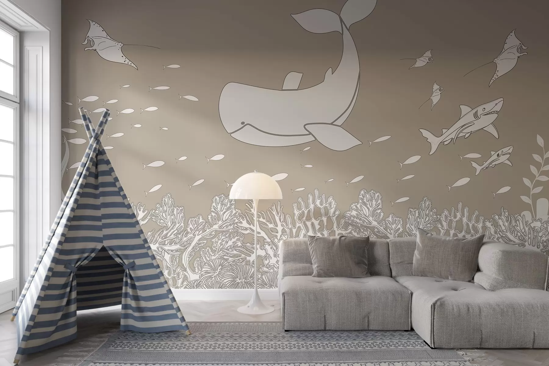 Фототапет Пътуване с кита, бежов нюанс w02645