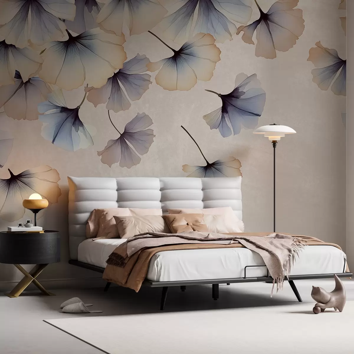 Фототапет Пастелни сини и бежови листа от гинко с нежни листенца, които се носят във въздуха на текстурен фон w08578