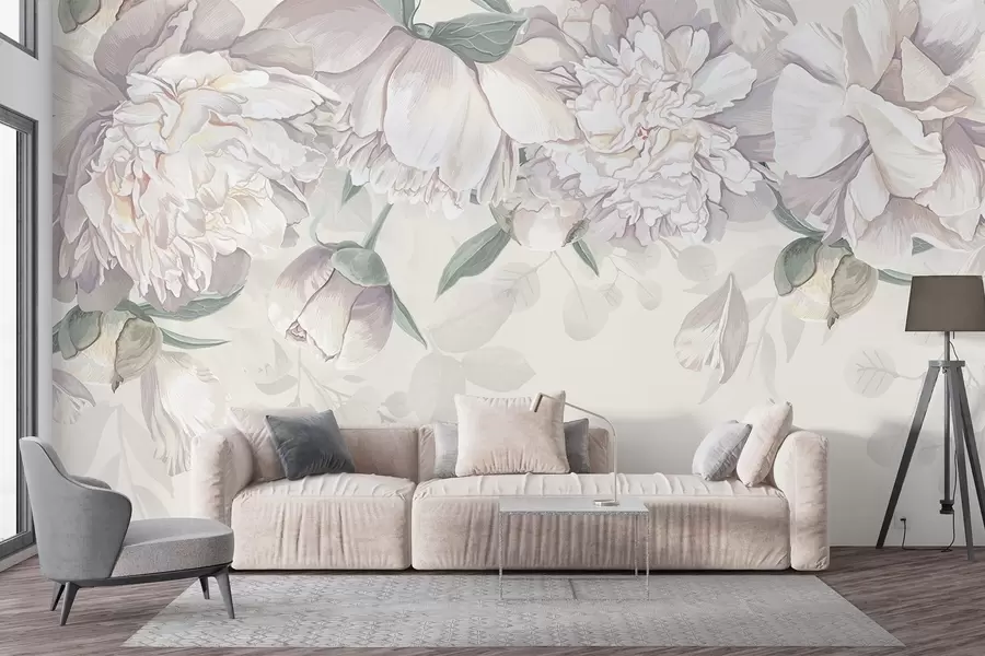 Фототапет Нежни бели и розови пастелни божури със зелени листа, аранжирани в мек, романтичен цветен фон w08577