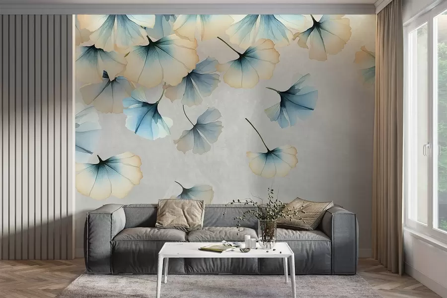 Фототапет Пастелни сини и жълти листа от гинко с нежни листенца, които се носят във въздуха на текстурен фон w08578v1