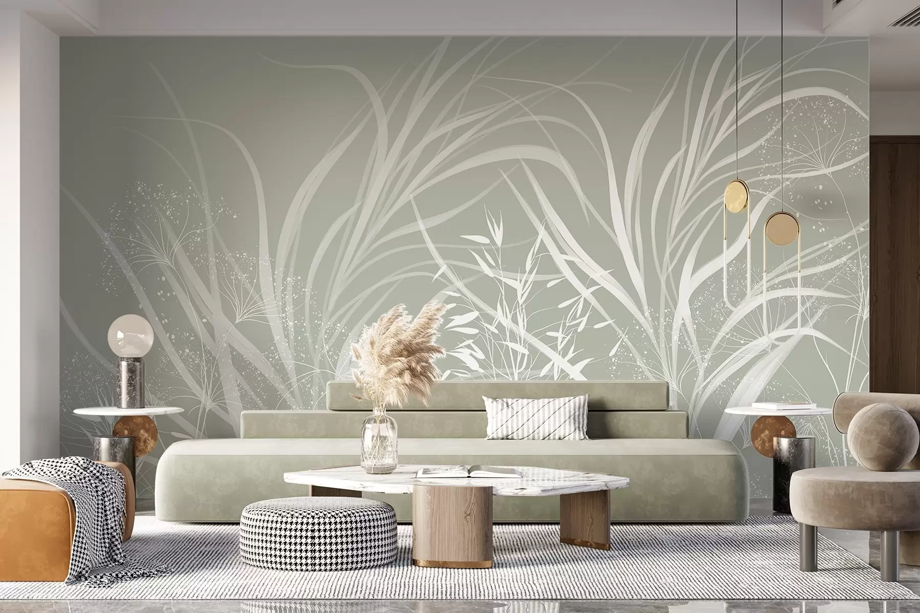 Фототапет Деликатен модерен минималистичен бял флорален принт на светло пастелнозелен фон w08583v1