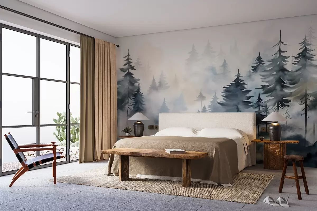 Фототапет Мъглив горски пейзаж с високи борови дървета на мъглив фон в акварелен стил w08584