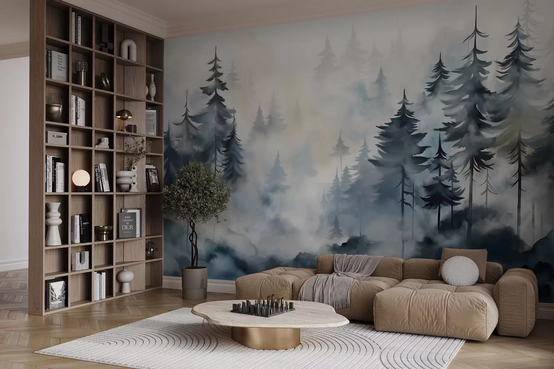 Фототапет Мъглив горски пейзаж с високи борови дървета на мъглив фон в акварелен стил w08584