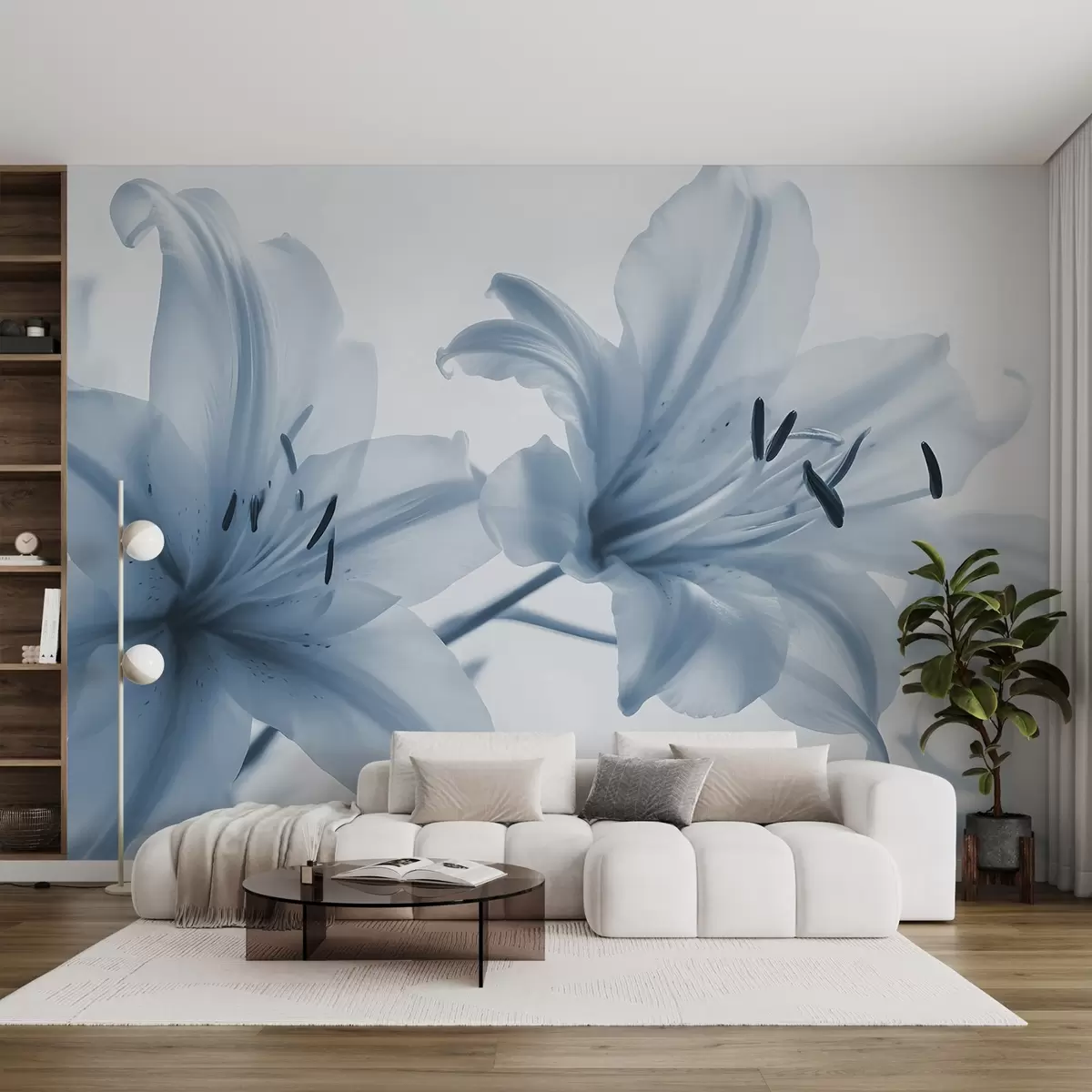 Фототапет Мек фокус в близък план на сини минималистични цветя лилия на светъл фон w08586