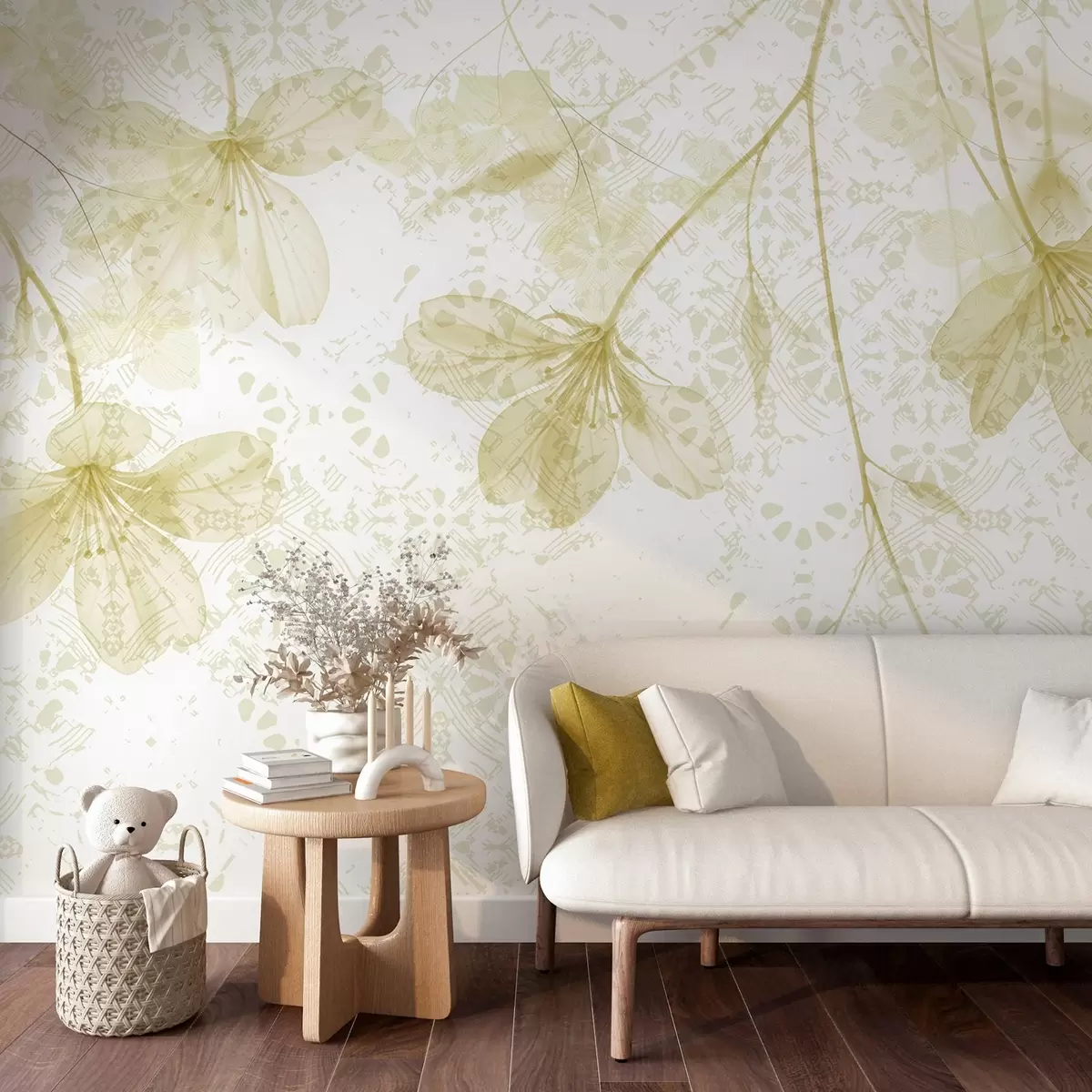 Фототапет Нежни жълти и бели цветя с дълги стъбла и венчелистчета на мек, размазан текстурен фон w08588v2