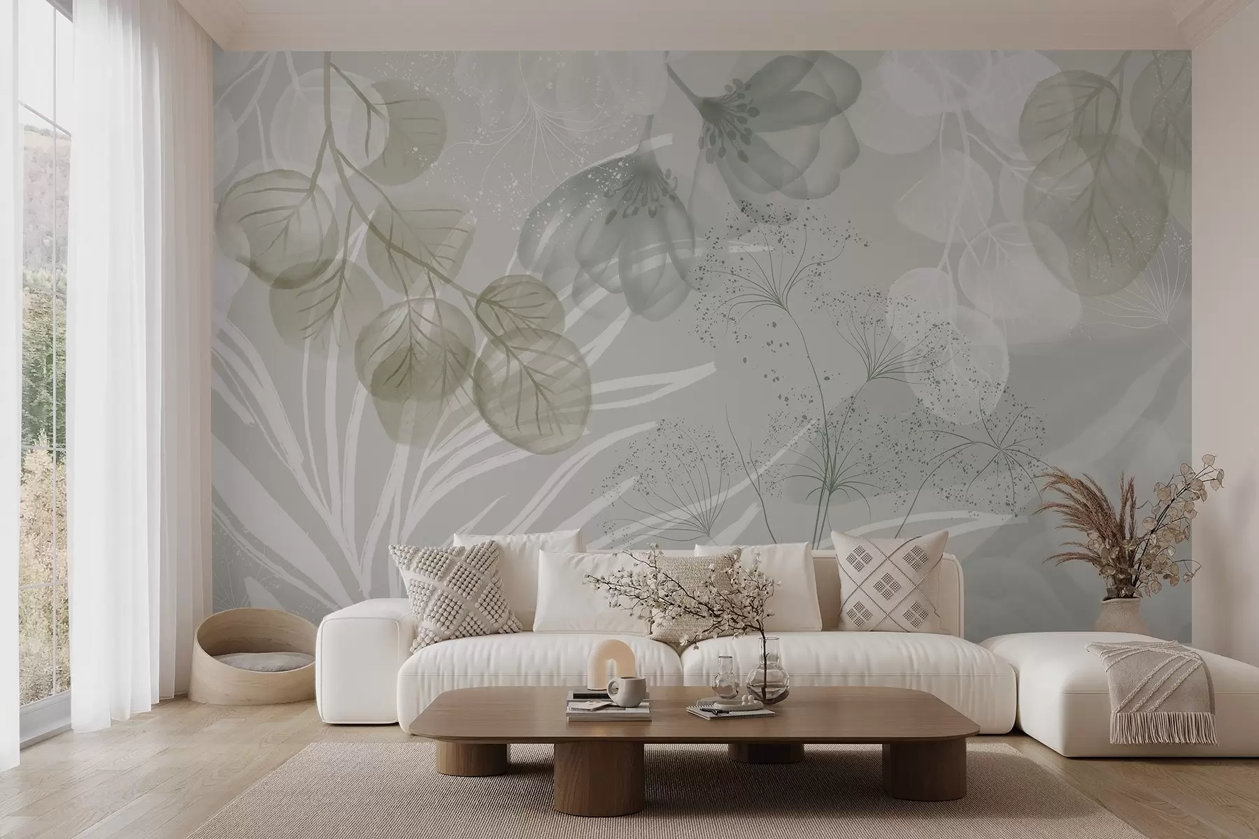 Фототапет Флорални елементи от евкалипт в зелени и бели нюанси с припокриващи се листа и венчелистчета в минималистичен стил w08599v1