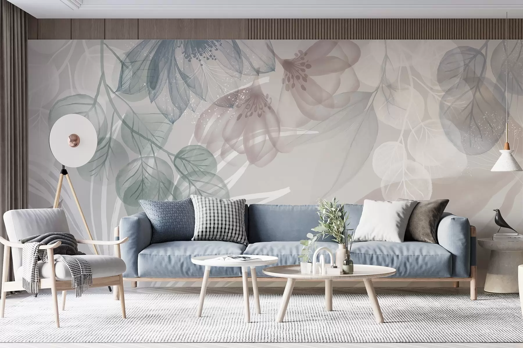 Фототапет Флорален принт в пастелни цветове с прозрачни големи абстрактни цветя и листа в нюанси на сиво, розово и зелено w08600