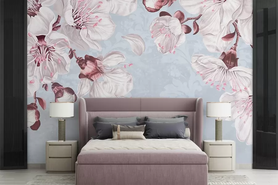 Фототапет Флорален принт с големи розови и бели цъфтящи черешови цветя на светлосин текстурен фон w08601