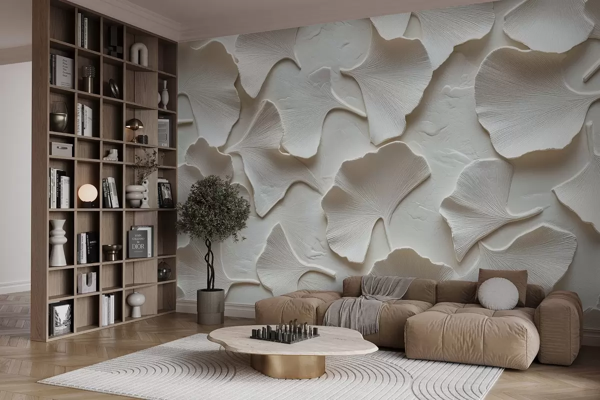 Фототапет Мазилка с деликатно релефно изображение на листа от гинко на бял фон w08560v1