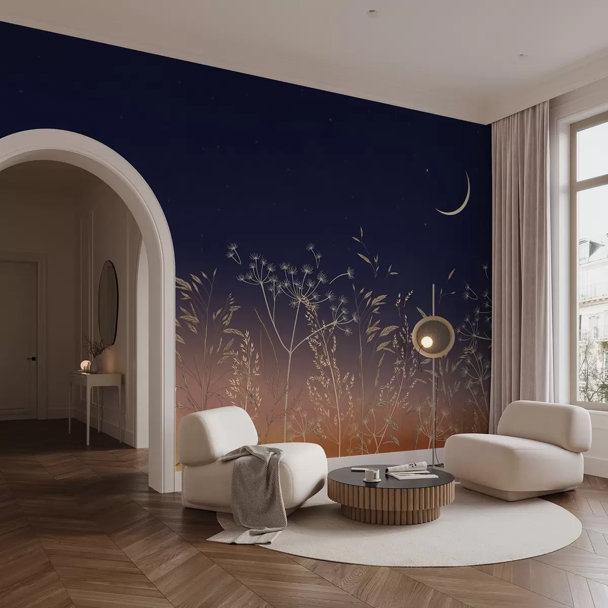 Фототапет Глухарчета с диви цветя на фона на залез със синьо небе и луна w08567