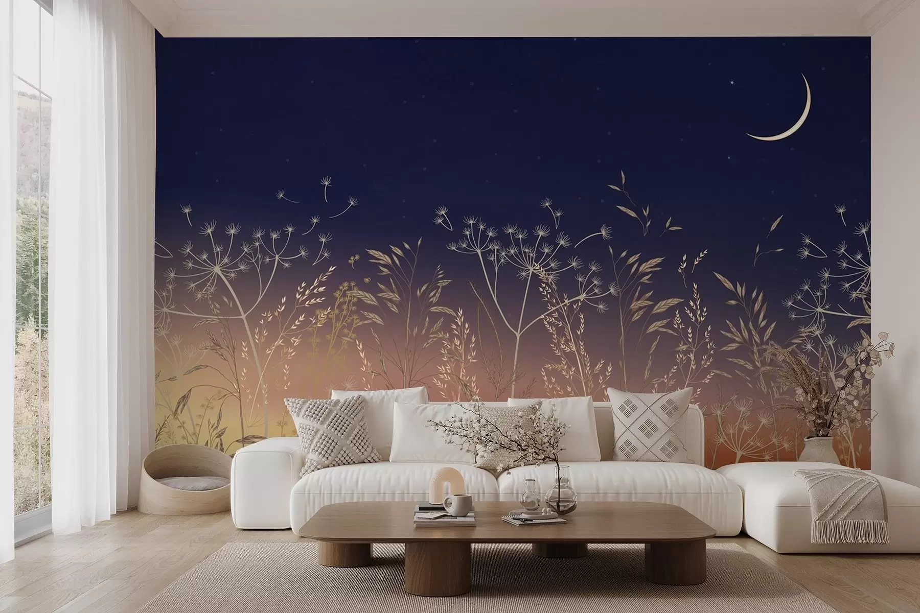 Фототапет Глухарчета с диви цветя на фона на залез със синьо небе и луна w08567