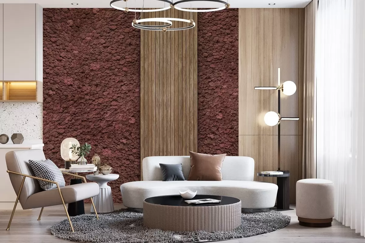 Фототапет Стена в стил мосю с дървен панел, пищни бордо цветове w02656v1