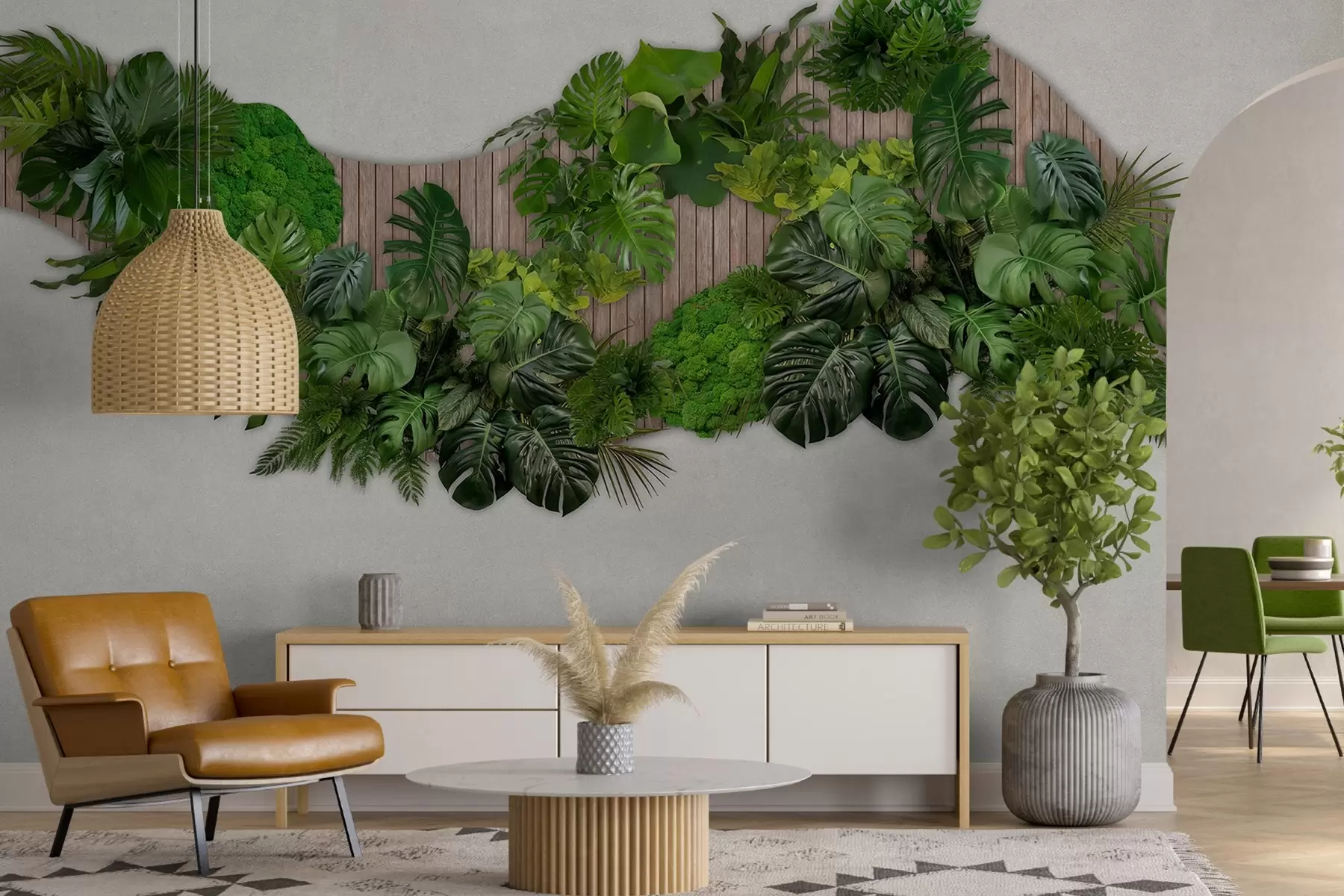 Фототапет Флорално пано с палмови листа, мъх и дървен фон w02717