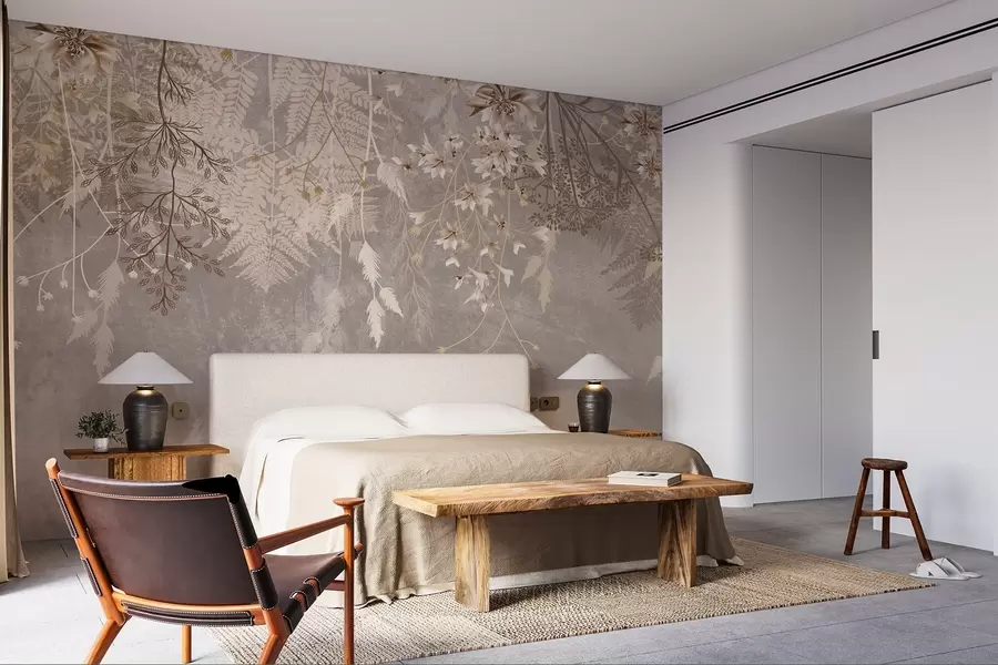 Фототапет Мечтателни, деликатни, мъхести растения, шишарки и цветя в кафяви пастелни цветове на мъглив, текстуриран фон w08606v1