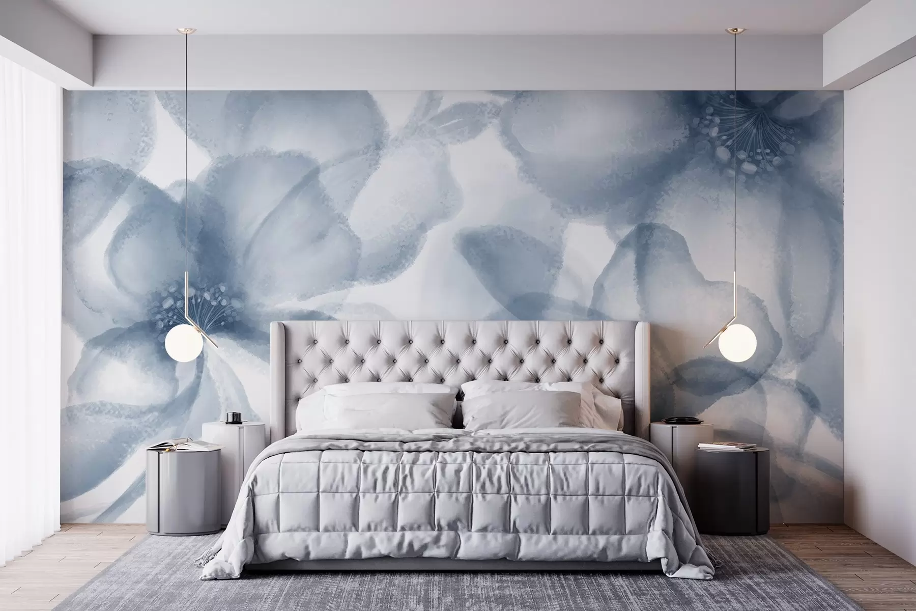 Фототапет Меки, размити абстрактни сини цветя, създаващи спокоен и успокояващ флорален принт w08607