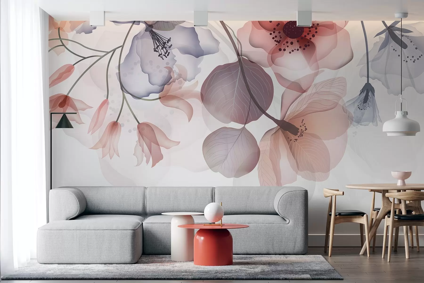 Фототапет Нежни розови и сиви полупрозрачни цветя с меки венчелистчета и тъмни центрове на светъл фон w08613