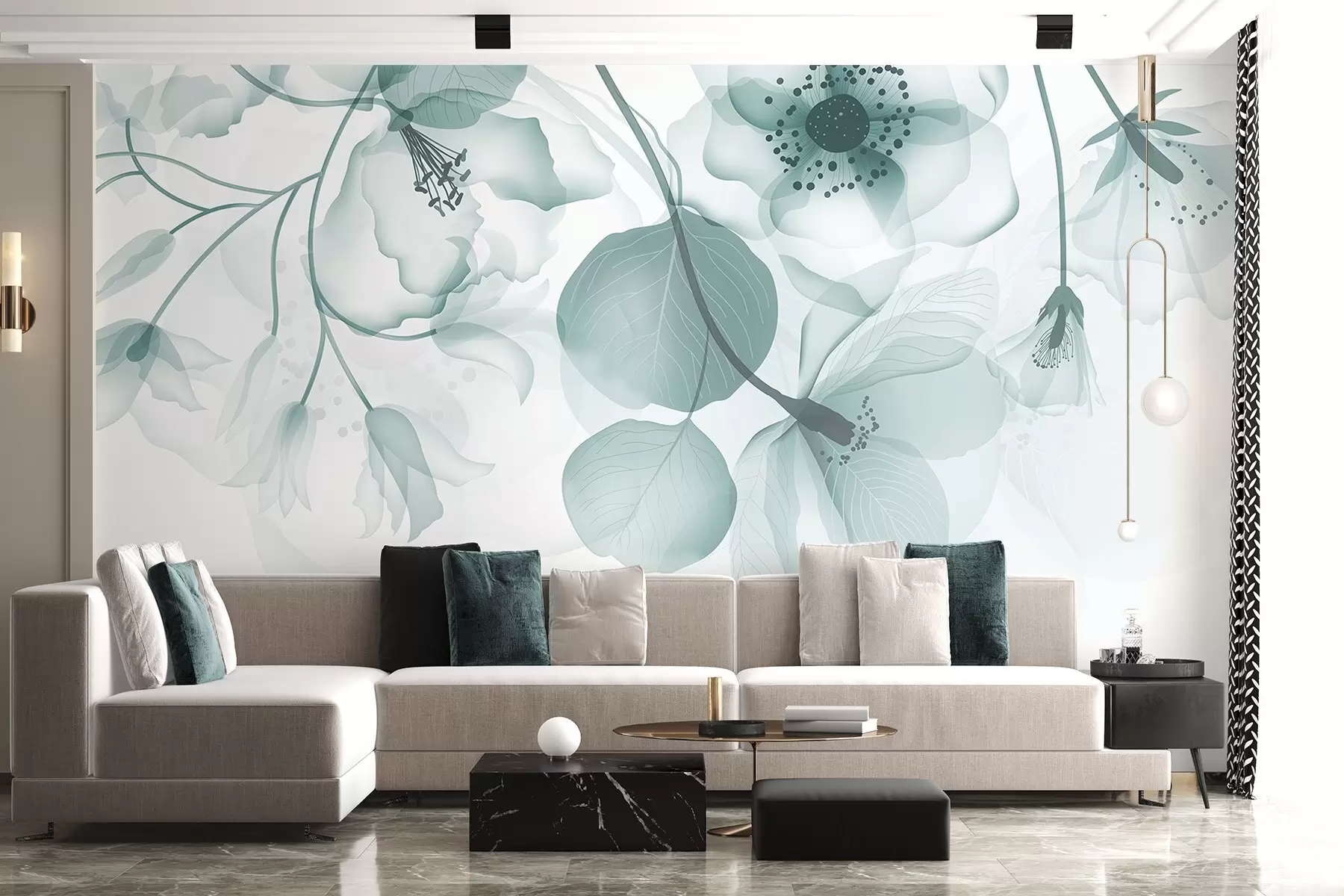 Фототапет Деликатни приглушени тюркоазени полупрозрачни цветя с меки венчелистчета и тъмни центрове на светъл фон w08613v1