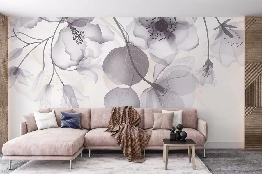 Фототапет Нежни сиви и бежови полупрозрачни цветя с меки венчелистчета и тъмни центрове на светъл фон w08613v2