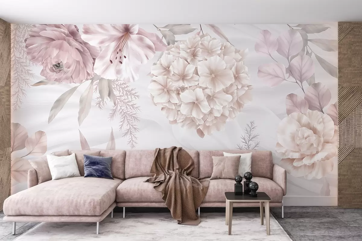 Фототапет Мек, абстрактен флорален принт с големи розови и бели цветя, деликатни листа и приглушена пастелна цветова палитра w08651