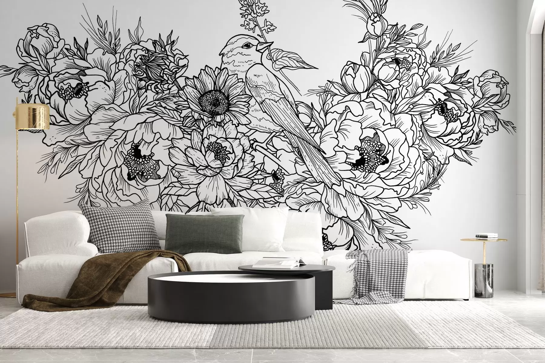 Фототапет Детайлна линия на птица и цветна аранжировка w02833v1