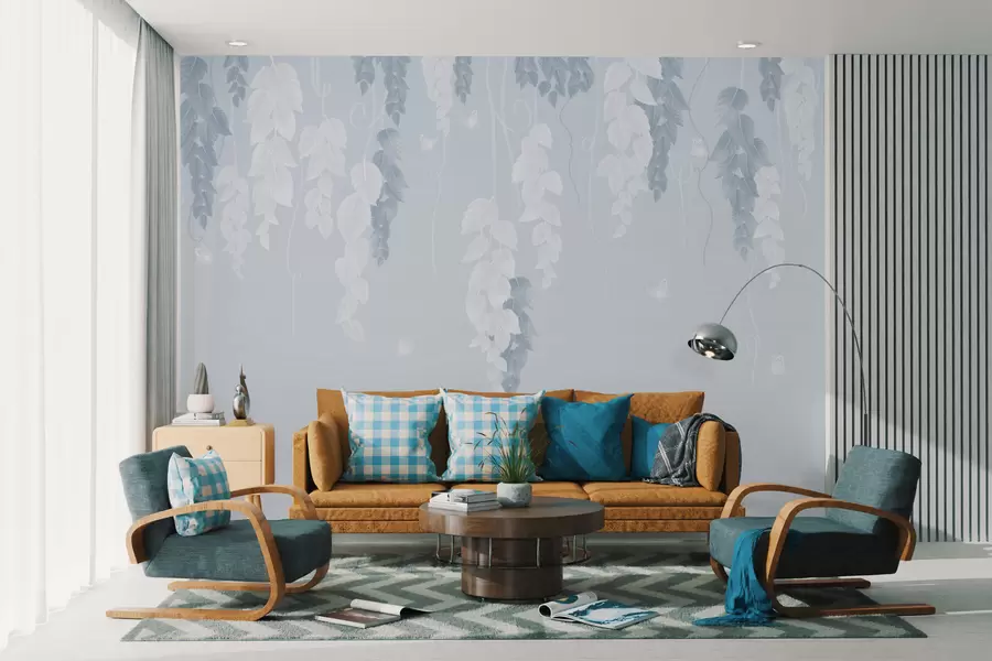 Фототапет Висящи листа и пеперуди в синьо w02655v1