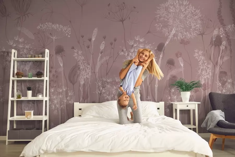 Фототапет Ефирни глухарчета и диви цветя в акварелен стил в розови тонове w08637v1