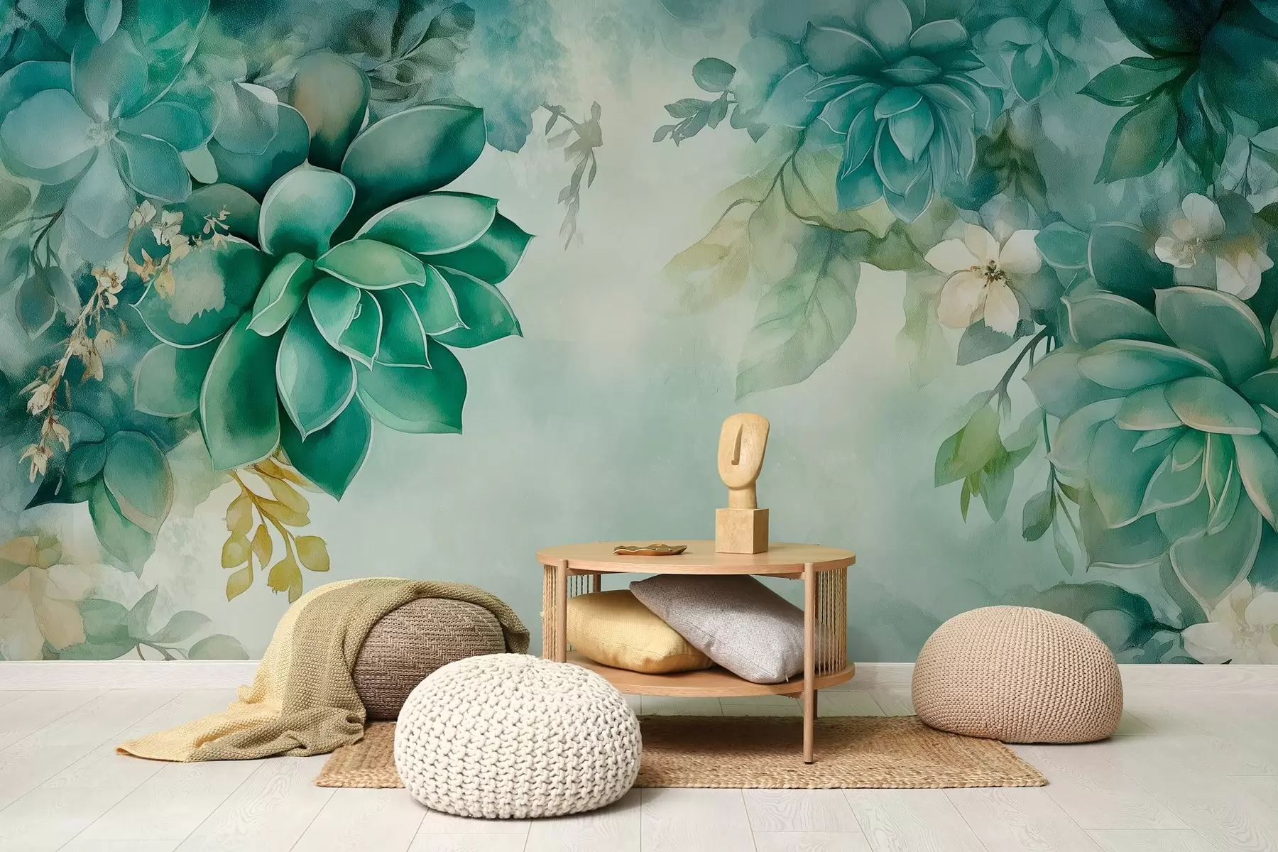 Фототапет Деликатни пищни сукуленти и флорални елементи в акварелен стил в зелени тонове w02874