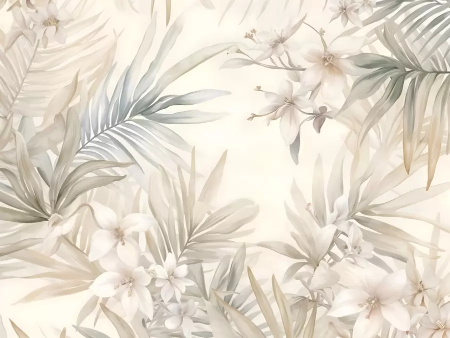 Фототапет Тропически листа и цветя в пастелни цветове - светлозелено, кремаво и нежно розово w08660