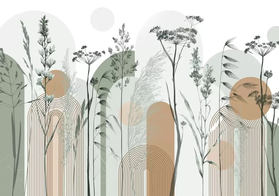 Фототапет Колекция от растения и цветя в неутрални тонове на абстрактен фон от арки в меки зелени и оранжеви нюанси w08665v1