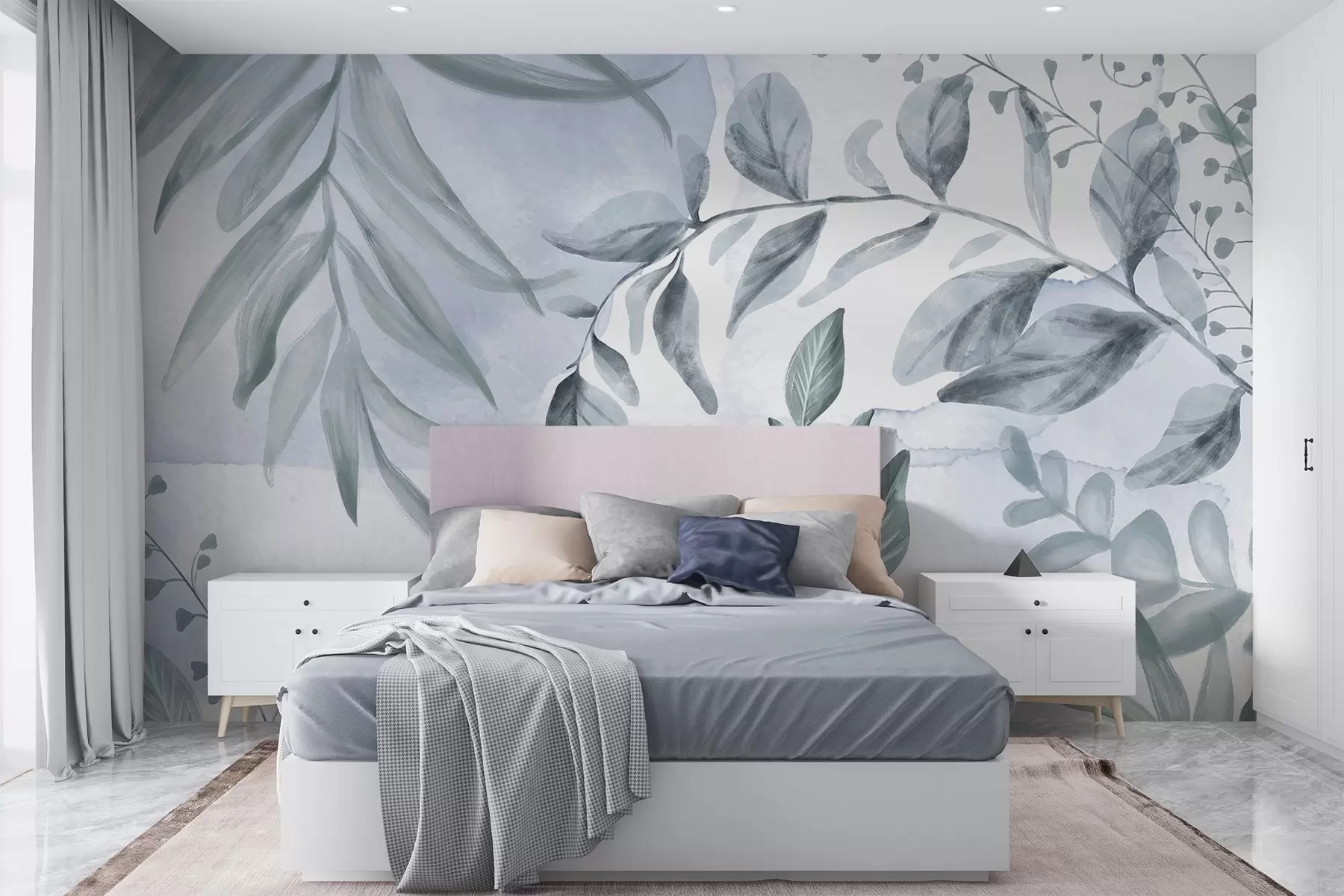 Фототапет Ботанически принт с листа и флорални клонки в меки пастелни цветове на фон, наподобяващ акварел w08668v1