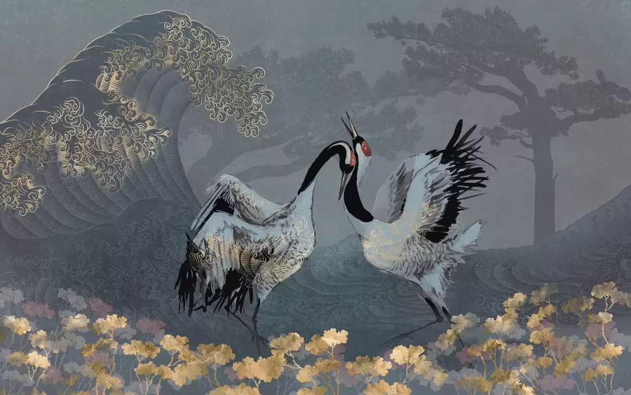 Фототапет Жерави, дървета и вълни с елементи в китайски стил w02747