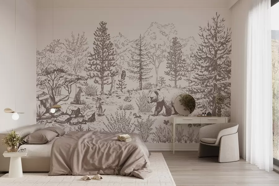 Фототапет Горски живот, дървета, диви животни, мечка, лисица, бухал, храсти, рисунка с молив, бежови цветове w02929