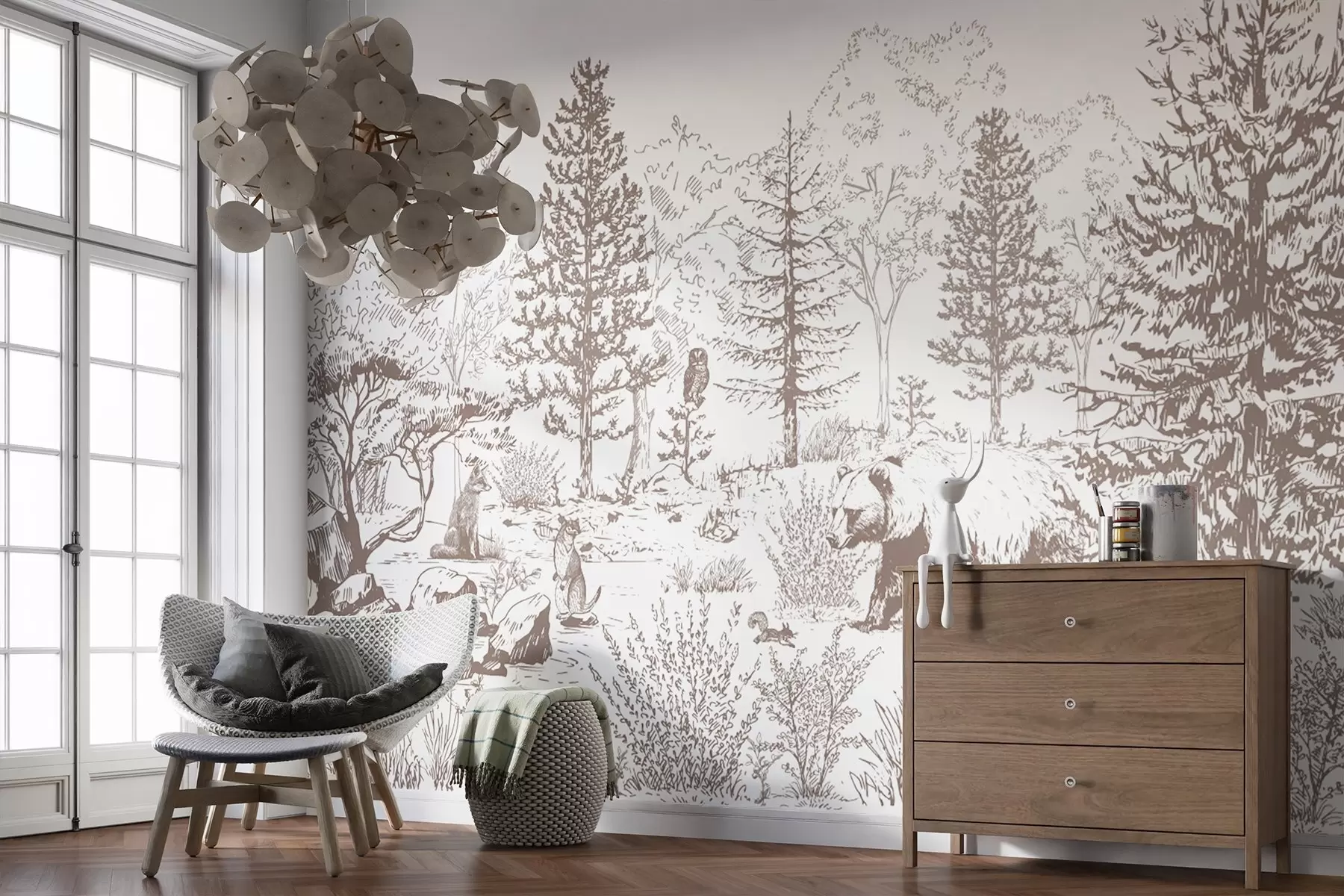 Фототапет Горски живот, дървета, диви животни, мечка, лисица, бухал, храсти, рисунка с молив, бежови цветове w02929