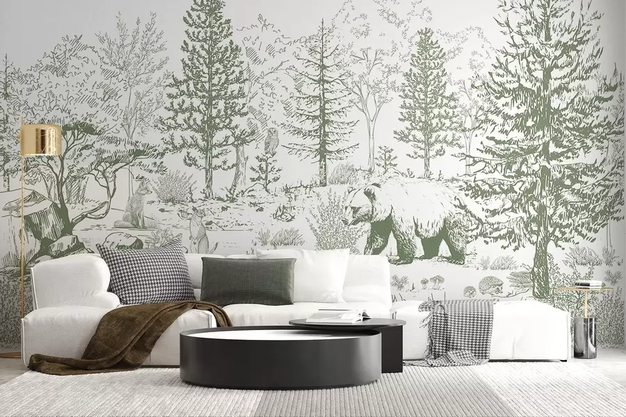 Фототапет Горски живот, дървета, диви животни, мечка, лисица, бухал, храсти, рисунка с молив, зелени цветове w02929v2