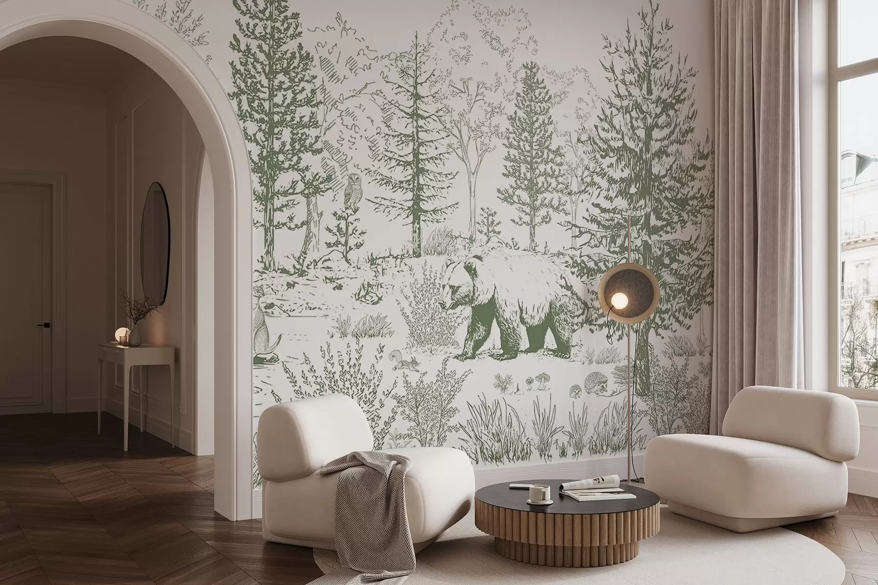 Фототапет Горски живот, дървета, диви животни, мечка, лисица, бухал, храсти, рисунка с молив, зелени цветове w02929v2