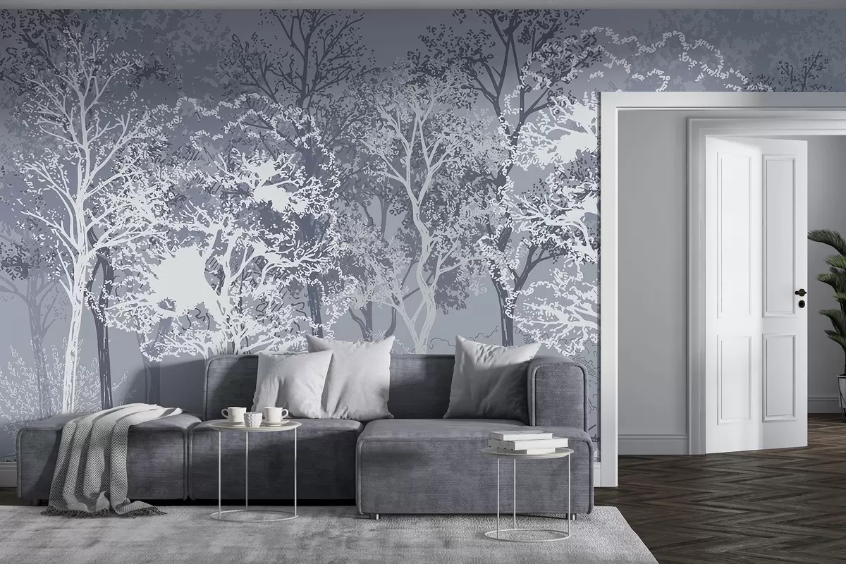 Фототапет Дървета в гората, минимализъм, природа, синя цветова палитра  w02930v2