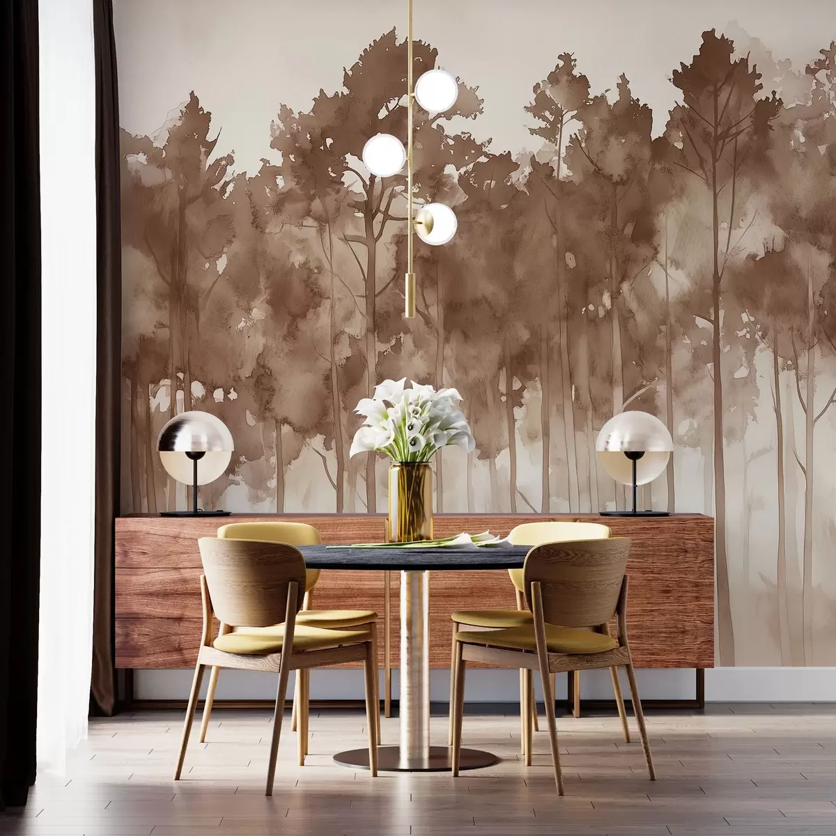 Фототапет Гора в акварелен стил, борови дървета, природен пейзаж, бежови цветове w02937v1